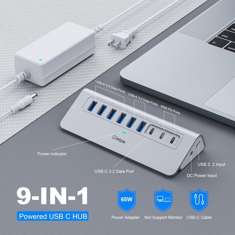 intpw Powered USB Hub 10Gbps, 9-Port USB 3.2 Hub, USB C Hub with USB A/USB C 3.2, 4 USB 3.0, 2 PD 45W Charging Ports, 65W Power Adapter and 3.3FT Cable, Aluminum USB Hub for Laptop, iPhone 17/16/15，PC - Image 2